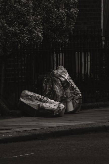 Two large black garbage bags, filled with unknown waste materials and sealed at the top, are positioned on a paved sidewalk in front of a tall, dark wooden fence with vertical slats. The bags appear to be made of thick plastic with a slightly glossy finish, reflecting minimal ambient light, and are placed close together, leaning slightly against each other. To the left of the bags, there is a cardboard box, partially flattened, with visible printed text, lying on the ground. Behind the scene, dense shrubbery with leafy foliage extends upward, creating a natural backdrop that contrasts with the man-made rubbish. The overall environment is outdoors, likely near a residential property or private premises, and the image is captured in natural daylight with overcast conditions, contributing to the subdued, shadowed appearance. This scene could relate to alternative waste collection efforts by waste removal services such as Waste Removal Harringay, highlighting the need for proper disposal of bulky waste outside regular collection schedules.
